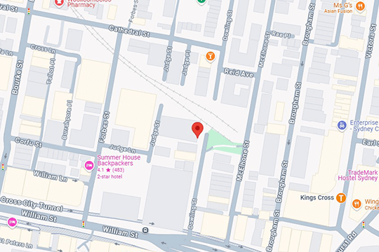 Map showing Cancer Council NSW's location on Dowling St Woolloomooloo